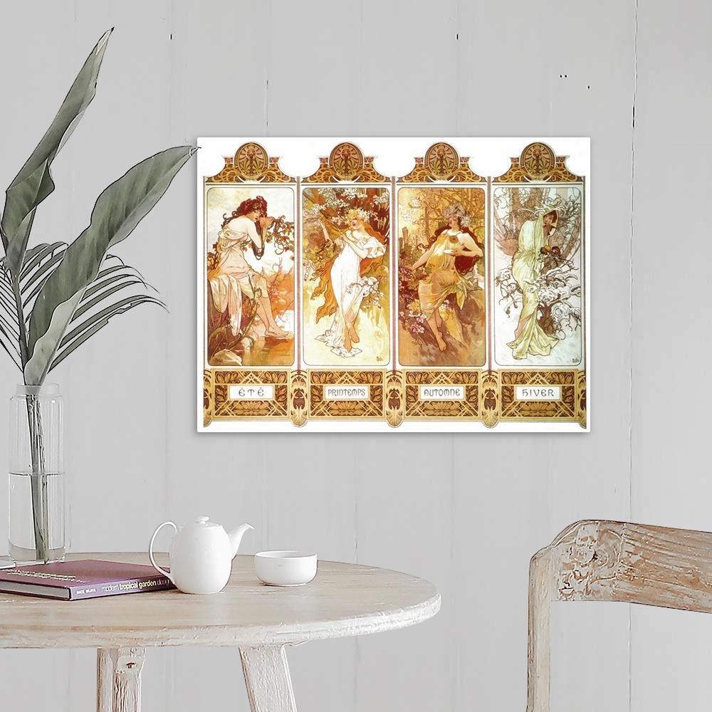 A farmhouse room featuring 'The Four Seasons' (from left: summer, spring, autumn, winter). Lithograph poster, c1897 by Alpho...