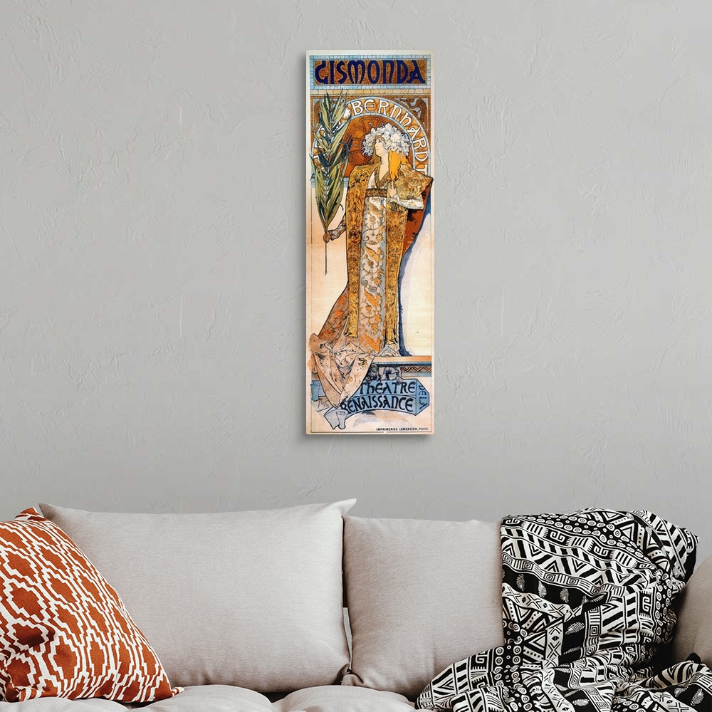 A bohemian room featuring Lithograph poster by Alphonse Mucha for 'Gismonda,' directed by and starring Sarah Bernhardt at t...