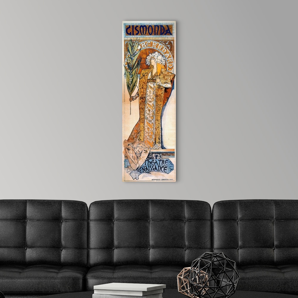 A modern room featuring Lithograph poster by Alphonse Mucha for 'Gismonda,' directed by and starring Sarah Bernhardt at t...
