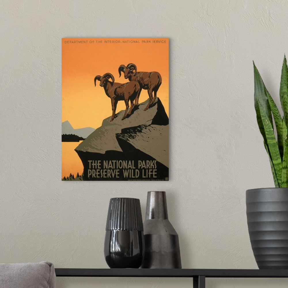 A modern room featuring Poster by the National Park Service promoting tourism to national parks, c1937.