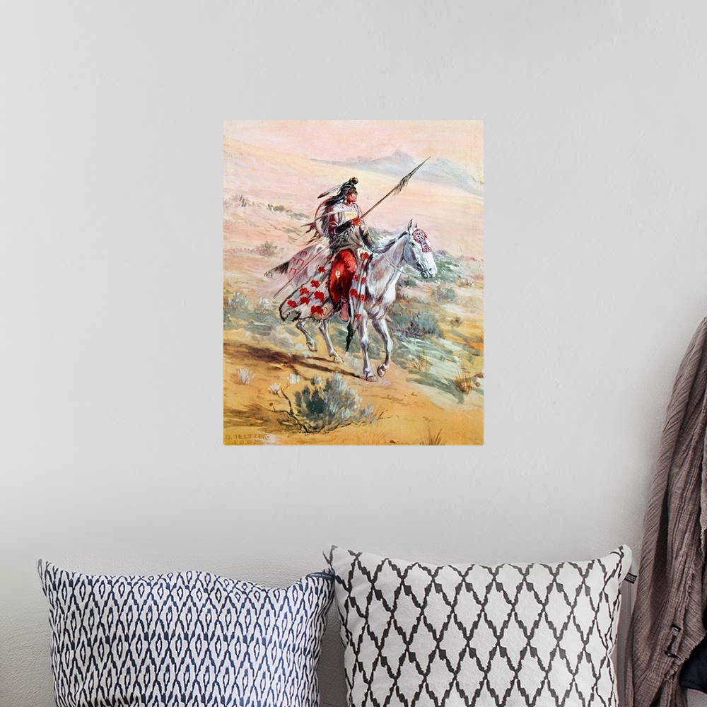 A bohemian room featuring Native American Warrior. A Native American Warrior On Horseback In A Western Landscape. Watercolo...