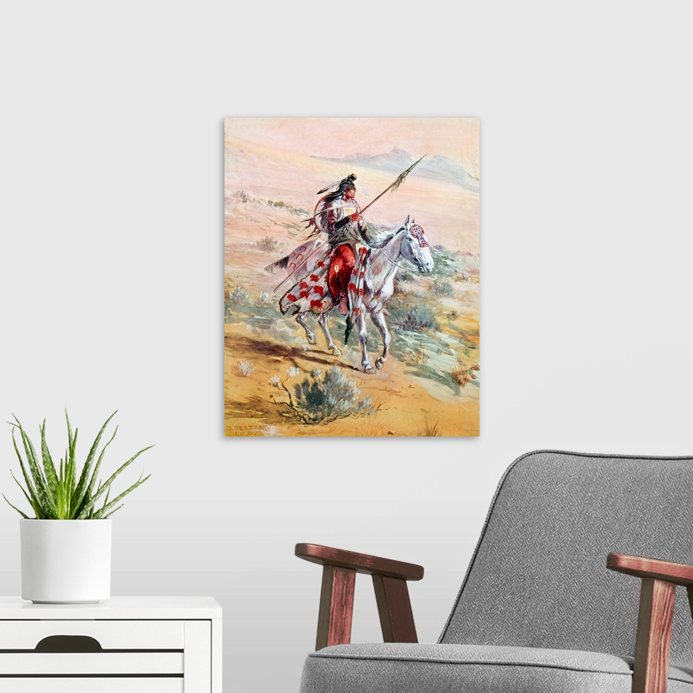 A modern room featuring Native American Warrior. A Native American Warrior On Horseback In A Western Landscape. Watercolo...