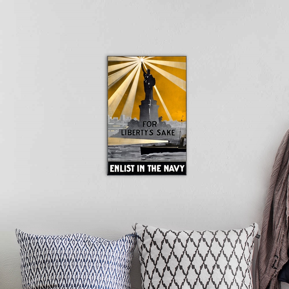 A bohemian room featuring A poster entitled 'For Liberty's Sake, Enlist in the Navy,' showing the Statue of Liberty beaming...