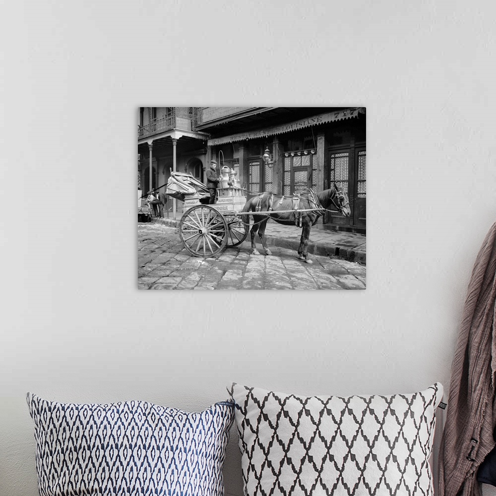 A bohemian room featuring New Orleans, Milk Cart. A Horse-Drawn Milk Cart Outside A Restaurant On A Street In New Orleans, ...