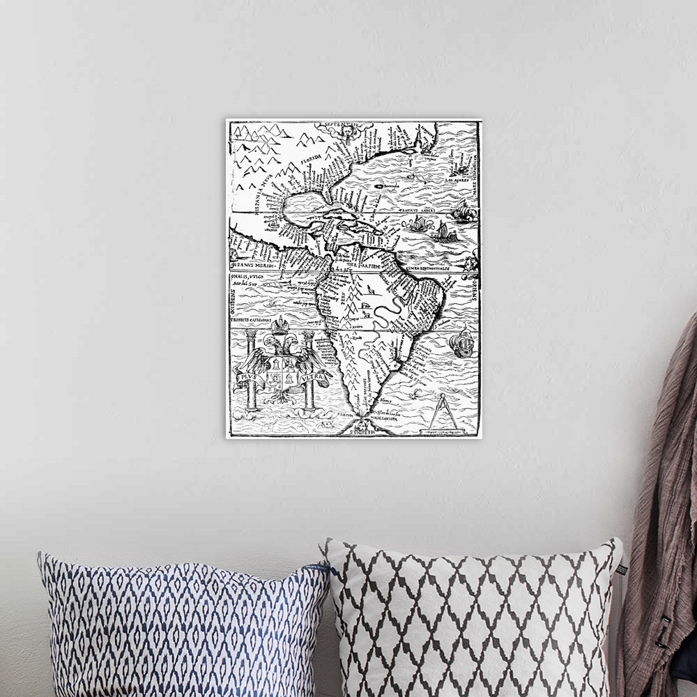 A bohemian room featuring New World Map, 1554. Engraved Map Of the New World From the Spanish Conquistador Pedro Cieza De L...