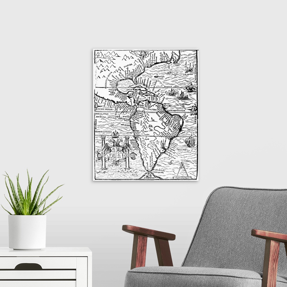 A modern room featuring New World Map, 1554. Engraved Map Of the New World From the Spanish Conquistador Pedro Cieza De L...