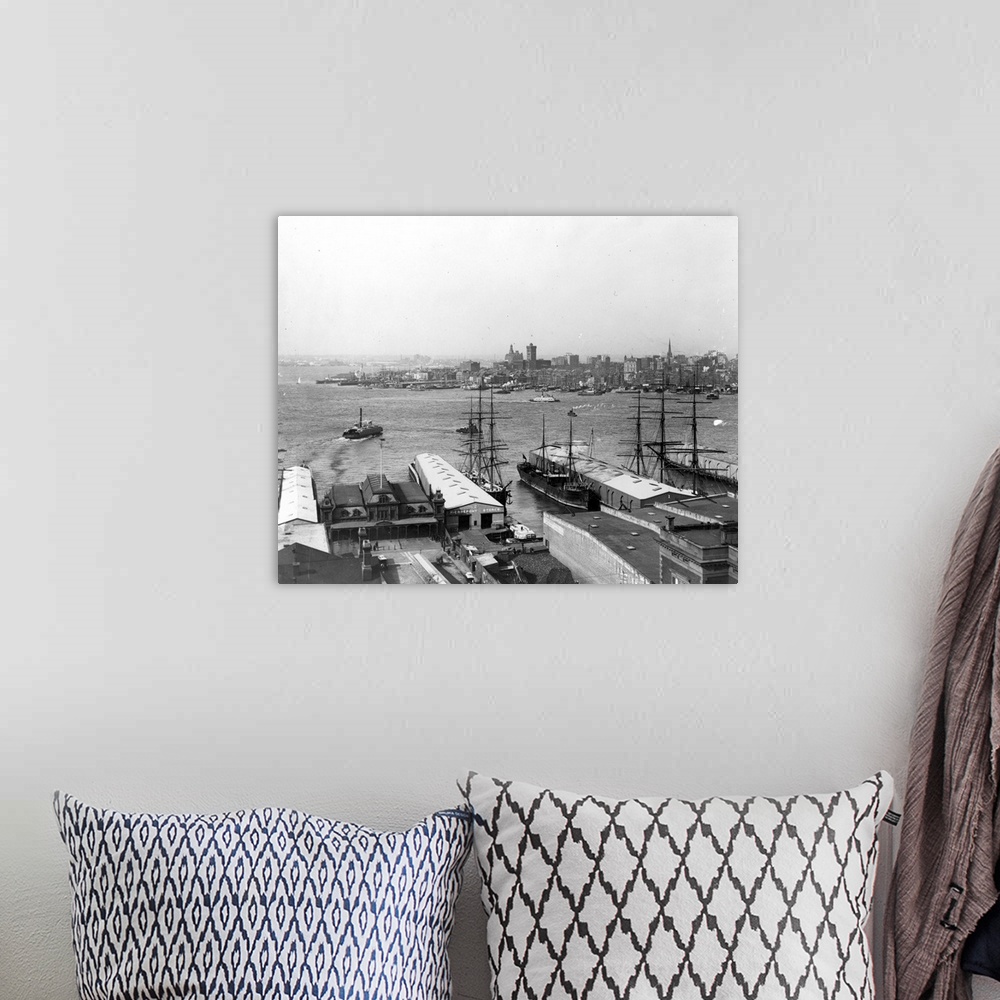 A bohemian room featuring Panorama of New York harbor from the Brooklyn waterfront: photograph, c1900.