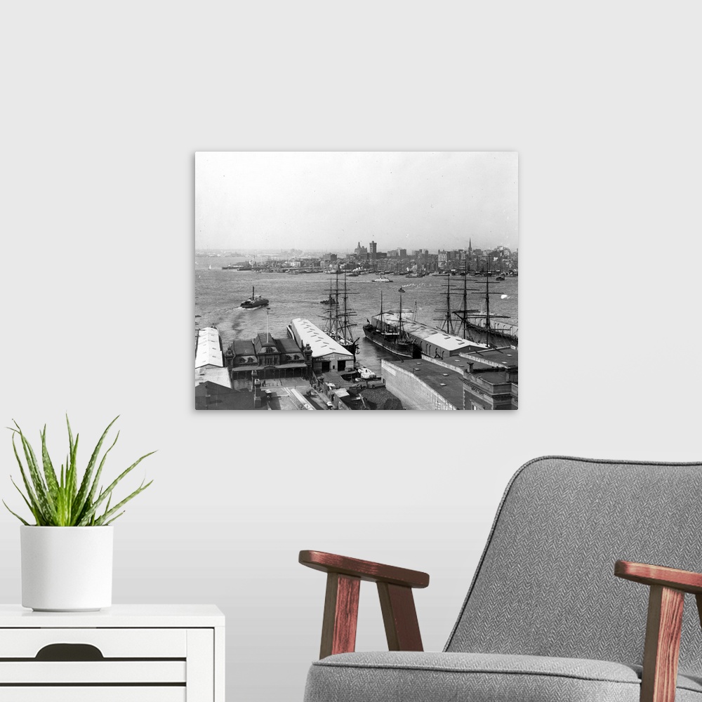 A modern room featuring Panorama of New York harbor from the Brooklyn waterfront: photograph, c1900.