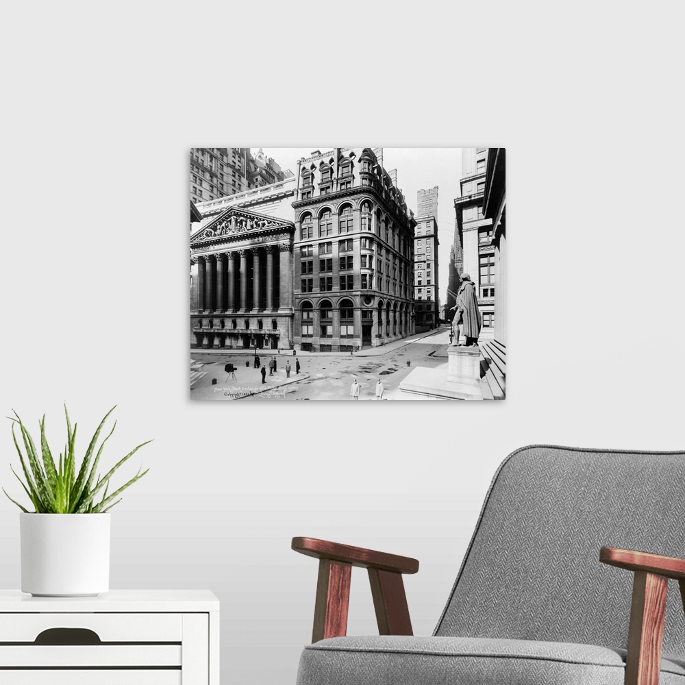 A modern room featuring View of the New York Stock Exchange and Wilks Building on Wall Street in New York City. Photograp...