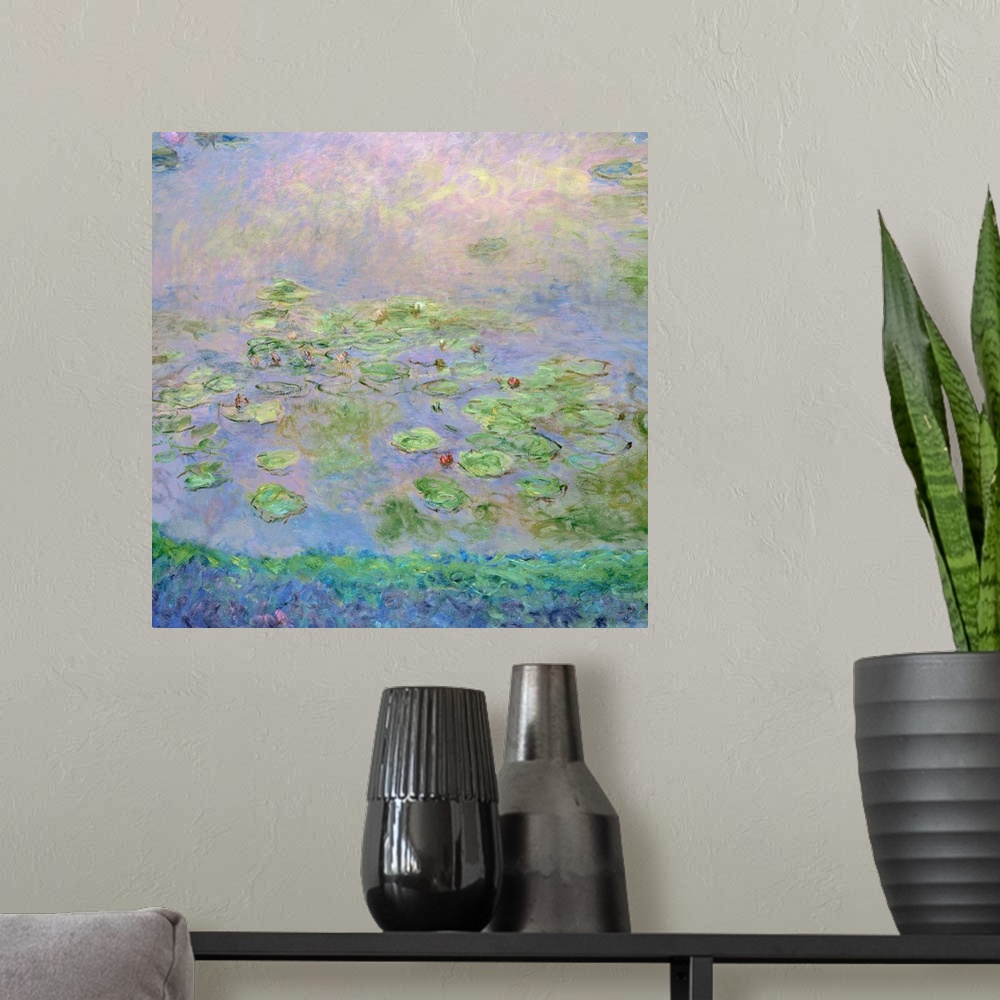 A modern room featuring Monet, Water Lilies, C1915. 'Nympheas (Water Lilies).' Oil On Canvas, Claude Monet, C1915.