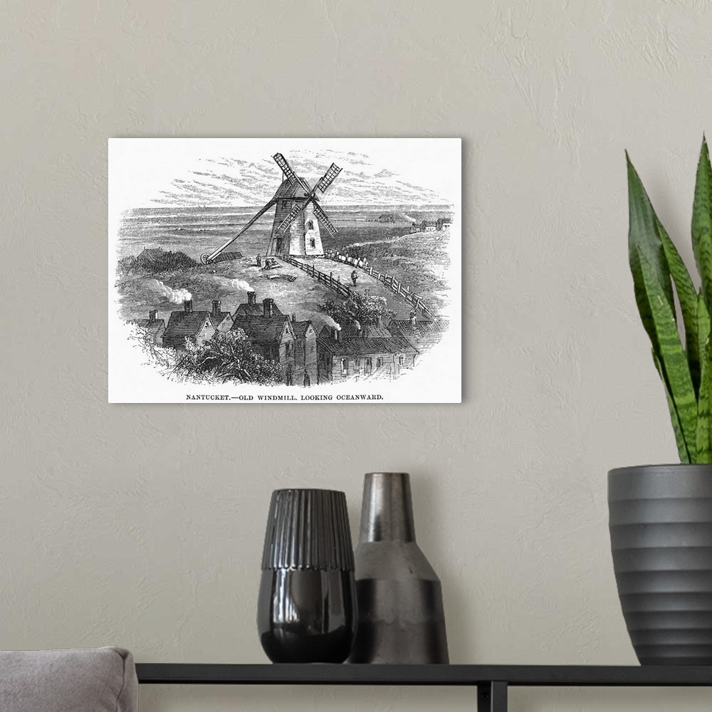 A modern room featuring Nantucket, 19th Century. Old Windmill On Nantucket, Massachusetts. Line Engraving, 19th Century.