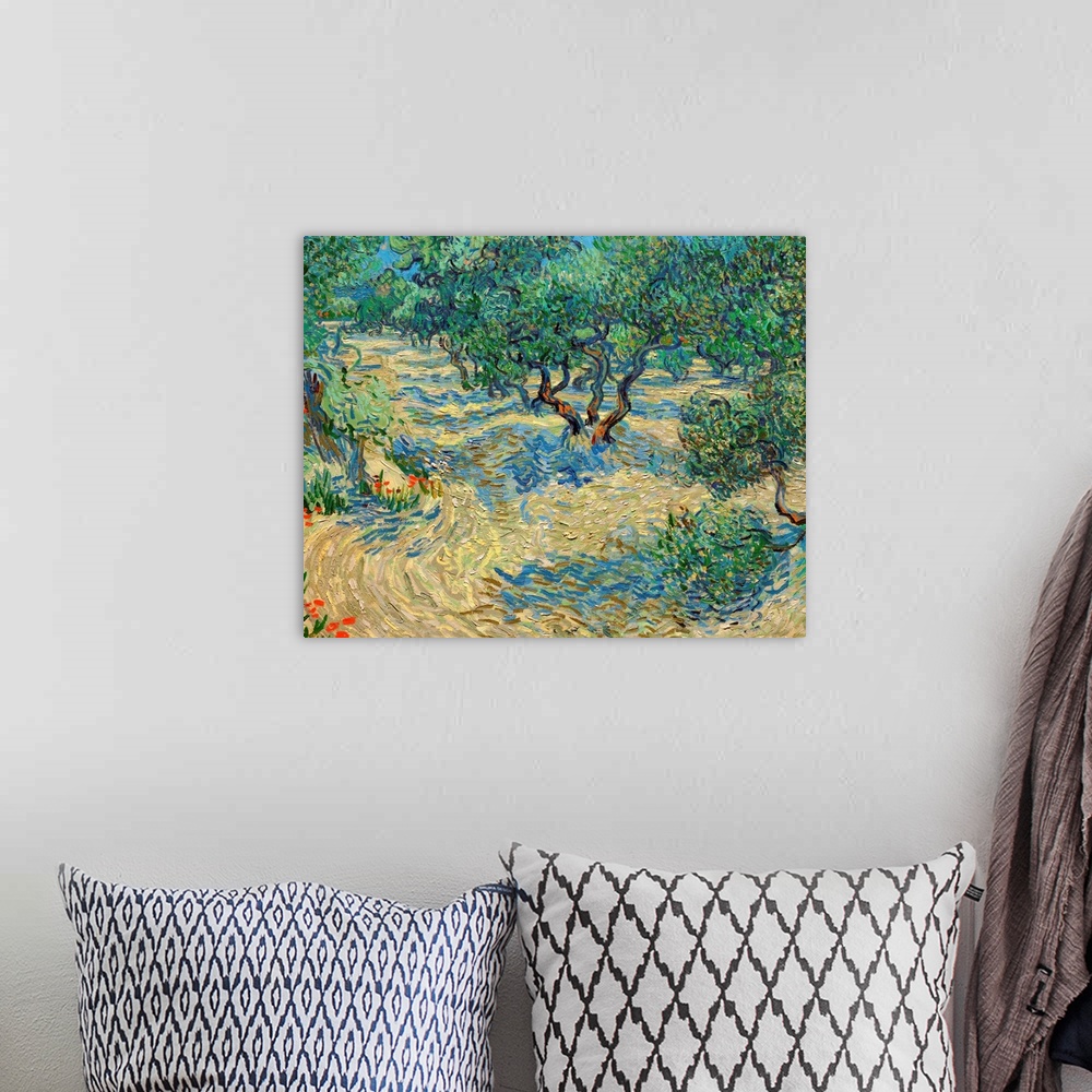 A bohemian room featuring Van Gogh, Olive Orchard. Oil On Canvas, Vincent Van Gogh, June 1889.
