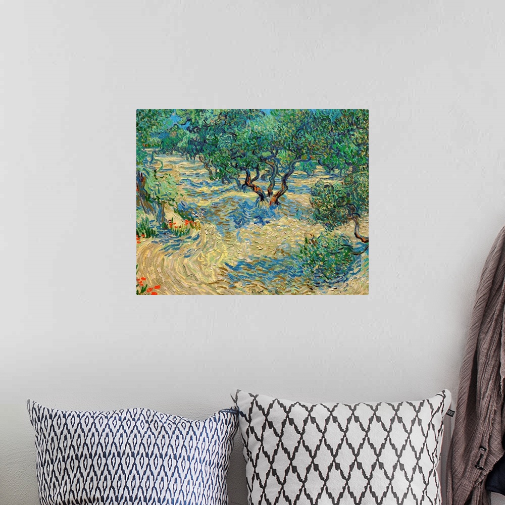 A bohemian room featuring Van Gogh, Olive Orchard. Oil On Canvas, Vincent Van Gogh, June 1889.