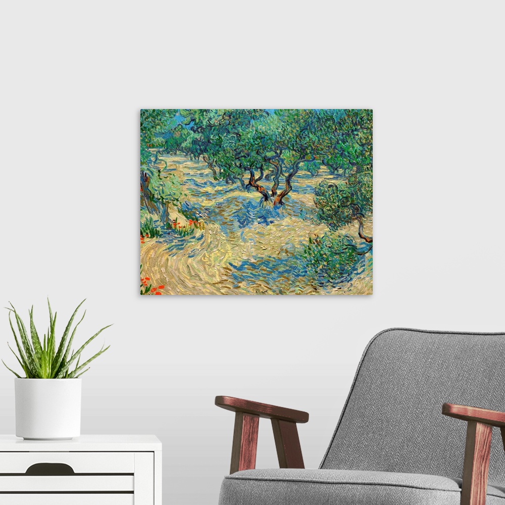 A modern room featuring Van Gogh, Olive Orchard. Oil On Canvas, Vincent Van Gogh, June 1889.