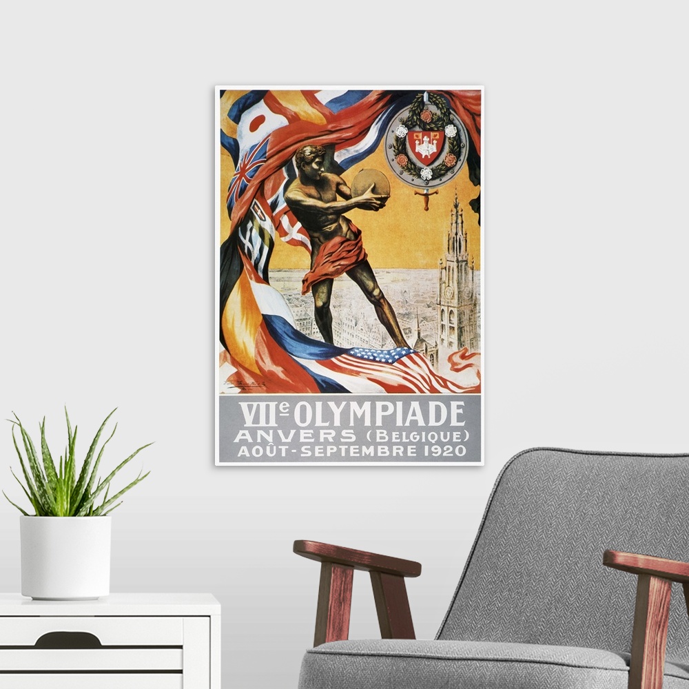 A modern room featuring The official poster for the 1920 Olympic Games at Anvers (Antwerp), Belgium.
