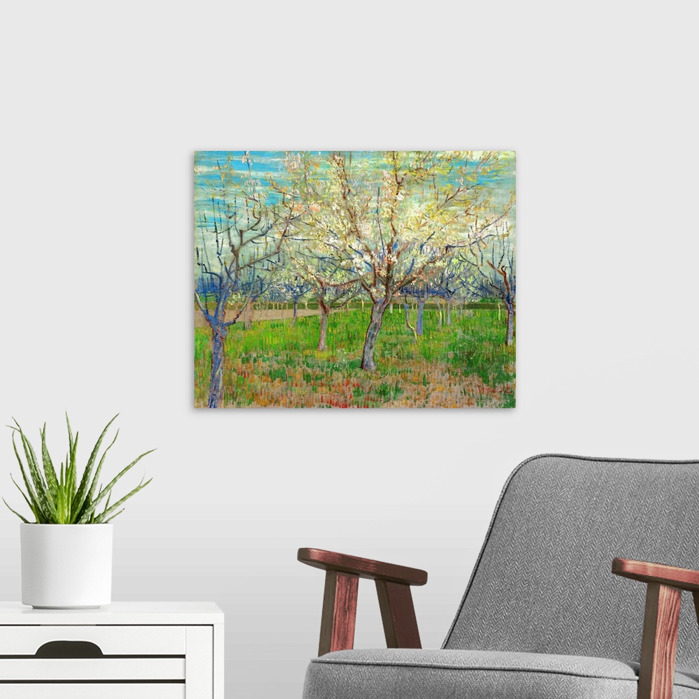A modern room featuring Van Gogh, Orchard, 1888. 'Orchard.' Oil On Canvas, Vincent Van Gogh, 1888.