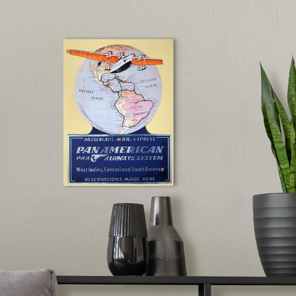 A modern room featuring A Pan American Airways display card from 1934 featuring a Sikorsky S-42 airplane.