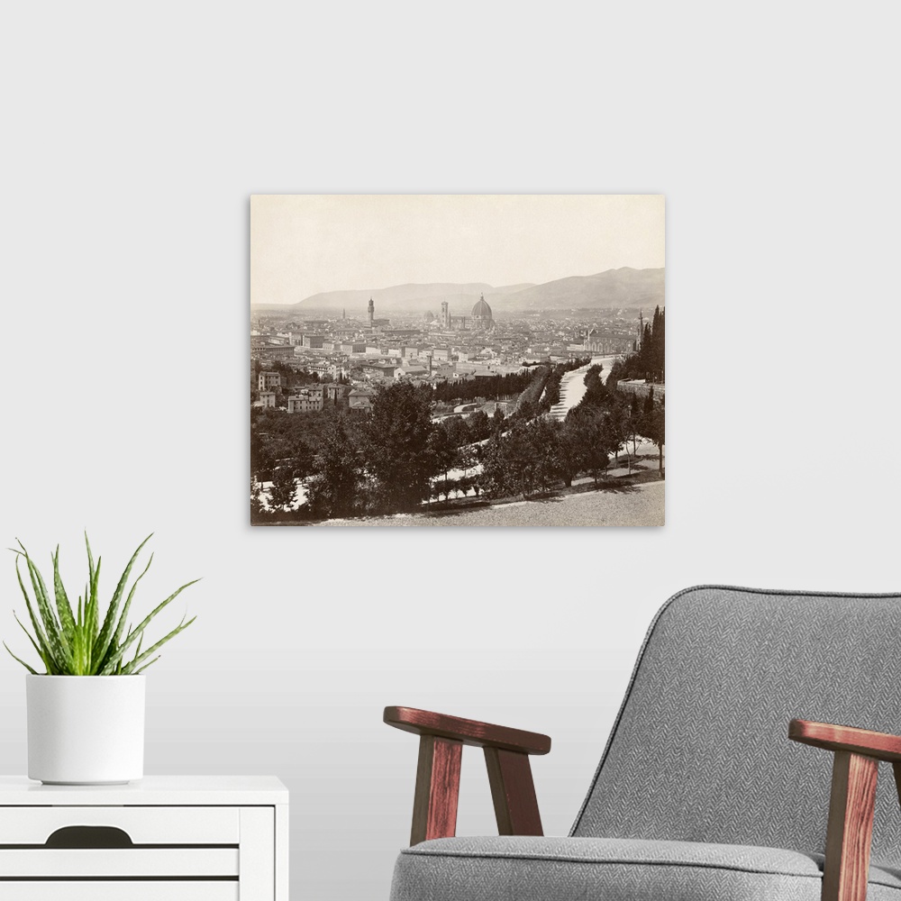A modern room featuring Italy, Florence. Panorama Of the Viale Dei Colli In Florence, Italy. Photograph By Giacomo Brogi,...