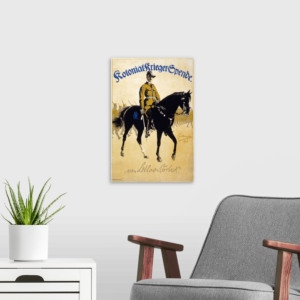 A modern room featuring (1870-1964). German general. Poster for Colonial War Funds, featuring Lettow-Vorbeck on horseback...