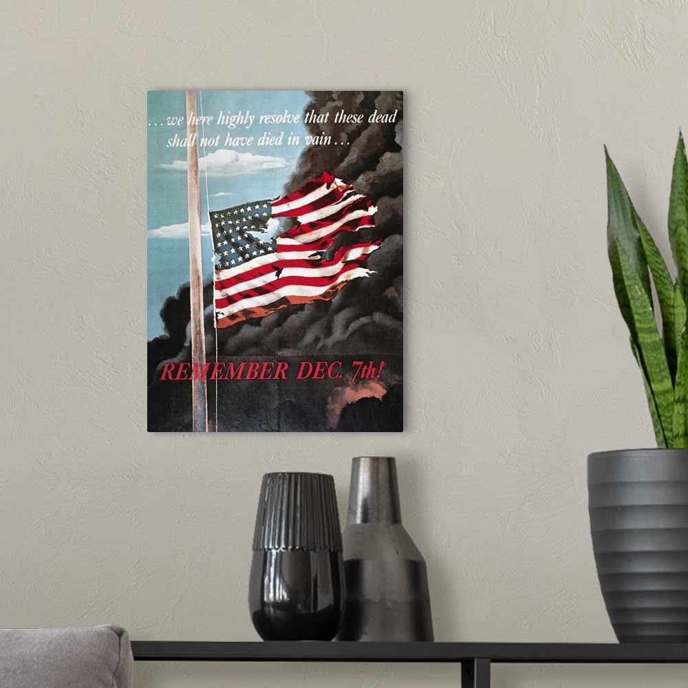 A modern room featuring 'Remember December 7th.' American World War II poster of the Japanese attack on Pearl Harbor, 1941.