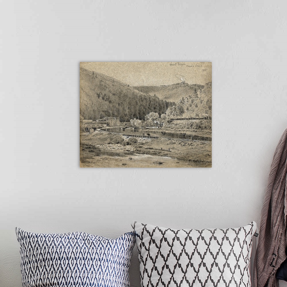 A bohemian room featuring Pennsylvania, Mauch Chunk. View Of Mount Pisgah In Mauch Chunk, Pennsylvania. Drawing By James Fu...