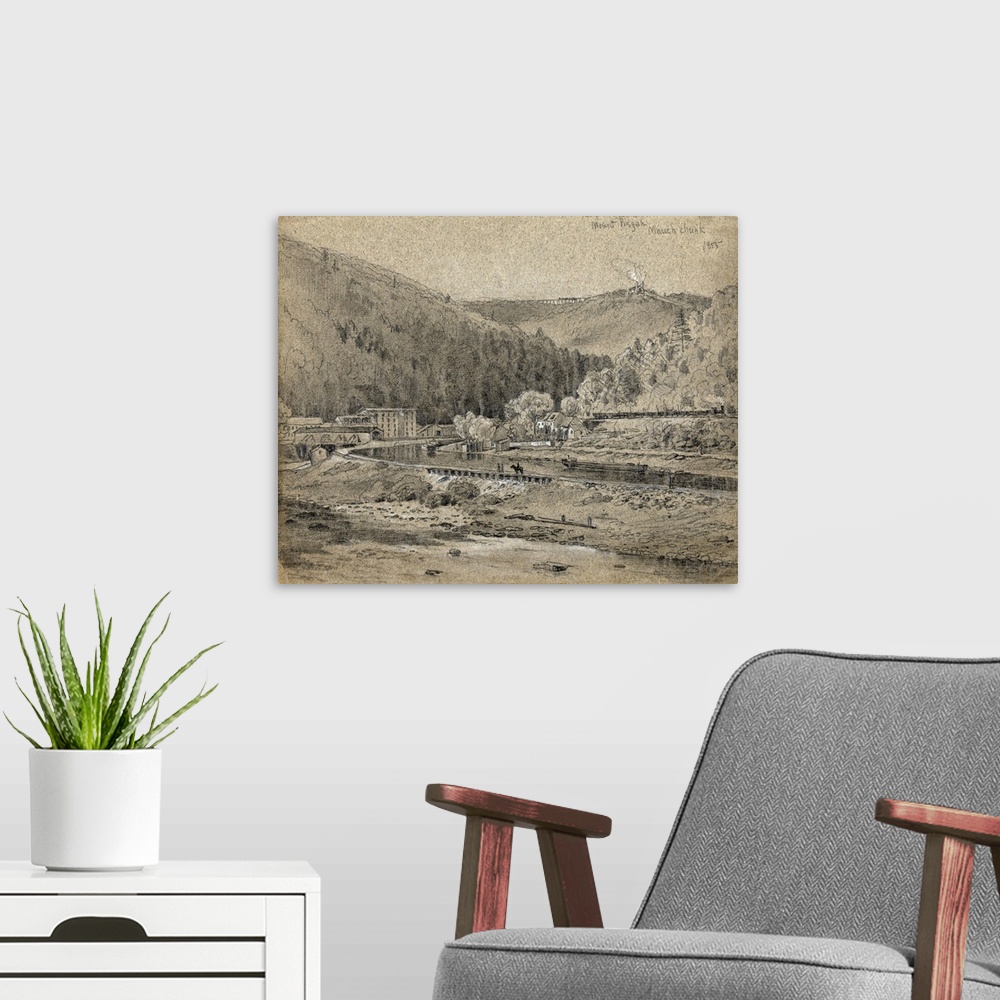 A modern room featuring Pennsylvania, Mauch Chunk. View Of Mount Pisgah In Mauch Chunk, Pennsylvania. Drawing By James Fu...