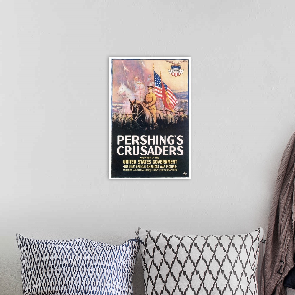 A bohemian room featuring Poster for 'Pershing's Crusaders,' a documentary film on U.S. troops in France during World War I...