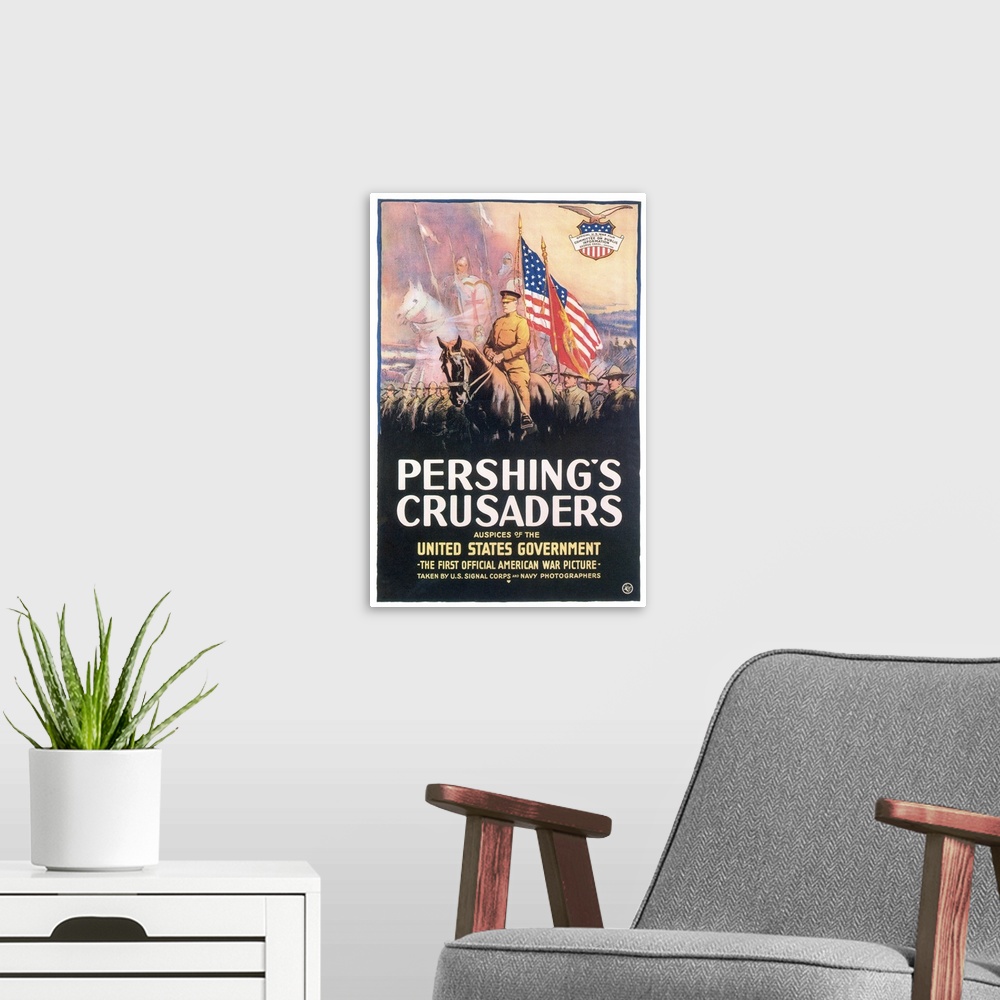A modern room featuring Poster for 'Pershing's Crusaders,' a documentary film on U.S. troops in France during World War I...