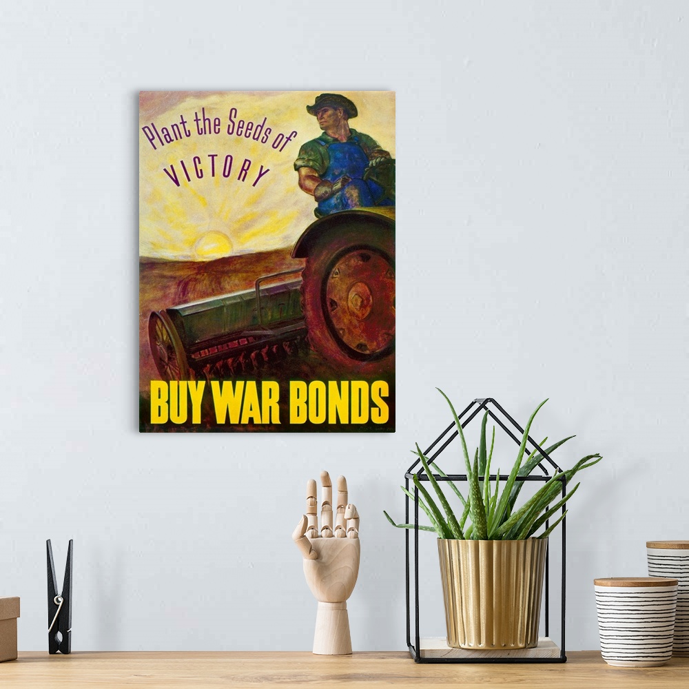 A bohemian room featuring 'Plant the Seeds of Victory - Buy War Bonds.' Poster by John Steuart Curry, c1943.