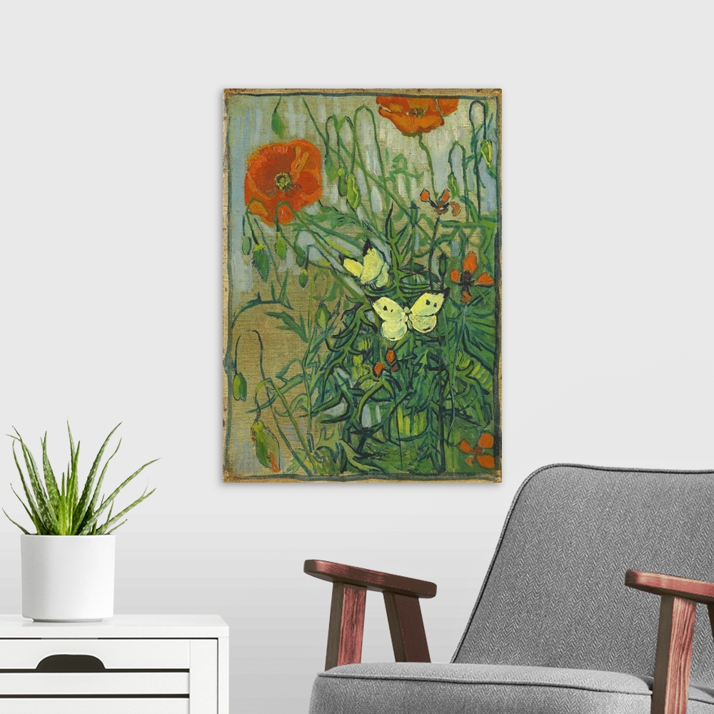 A modern room featuring Van Gogh, Poppies, 1890. 'Poppies And Butterflies.' Oil On Canvas, Vincent Van Gogh, 1890.