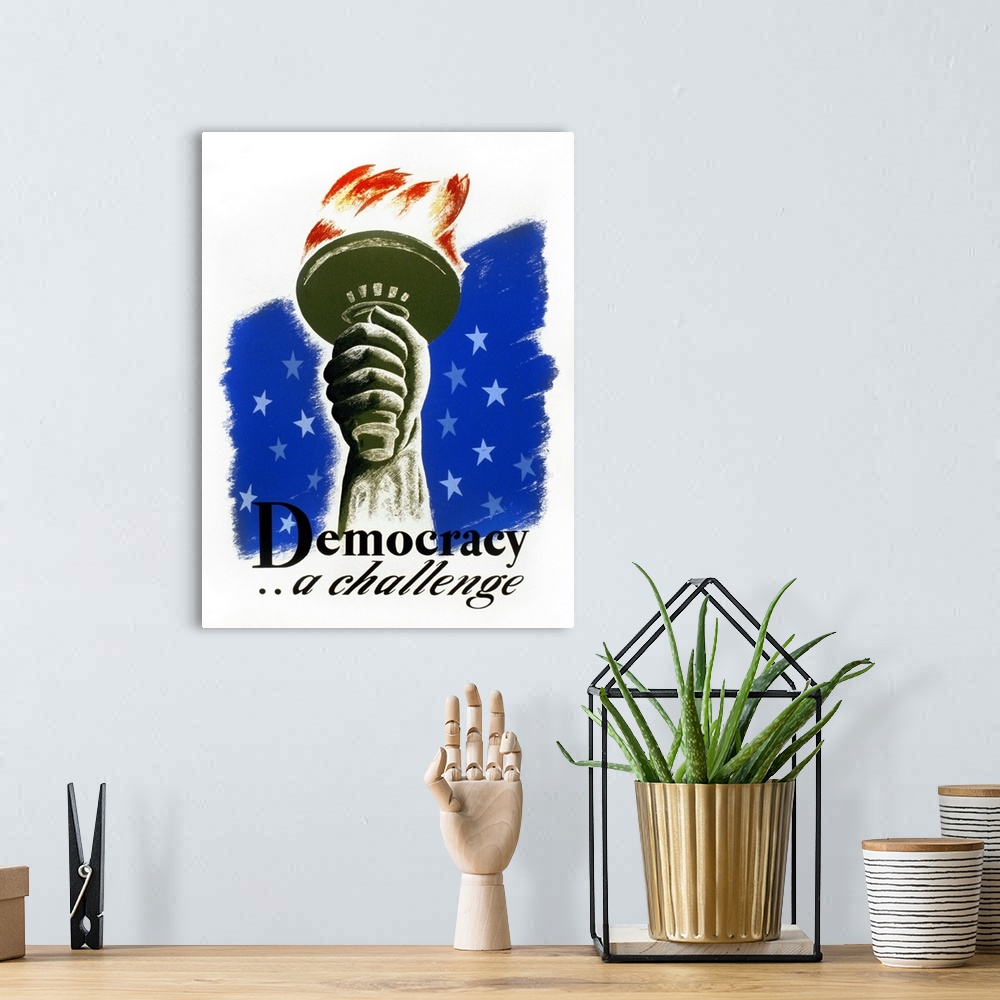 A bohemian room featuring A poster entitled 'Democracy...a challenge' showing the hand and torch of the Statue of Liberty. ...