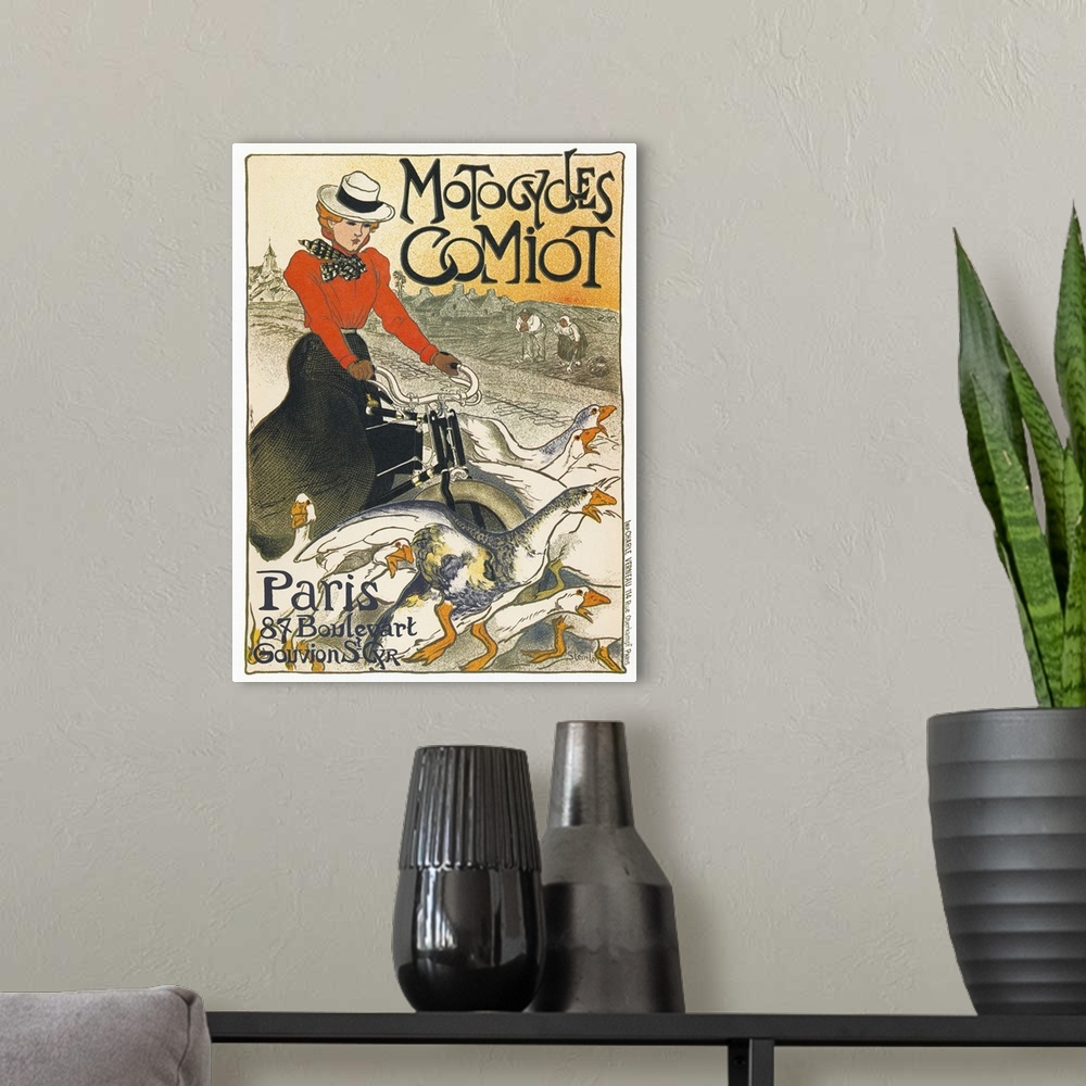 A modern room featuring Poster for Comiot motorcycles in Paris, France. Lithograph by Theophile Alexandre Steinlen, 1899.
