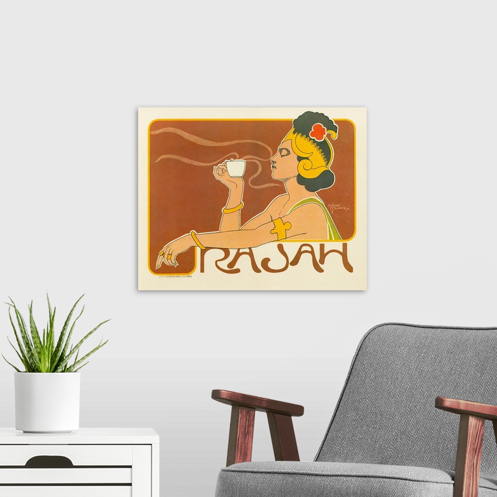 A modern room featuring Poster for Rajah coffee. Lithograph by Henri Meunier, 1897.