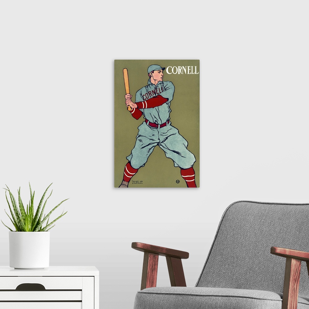 A modern room featuring Poster for the Cornell University baseball team. Chromolithograph by Edward Penfield, c1908.