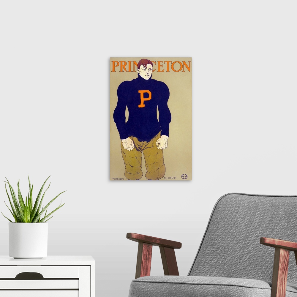A modern room featuring Poster for the Princeton University football team. Chromolithograph by Edward Penfield, c1907.