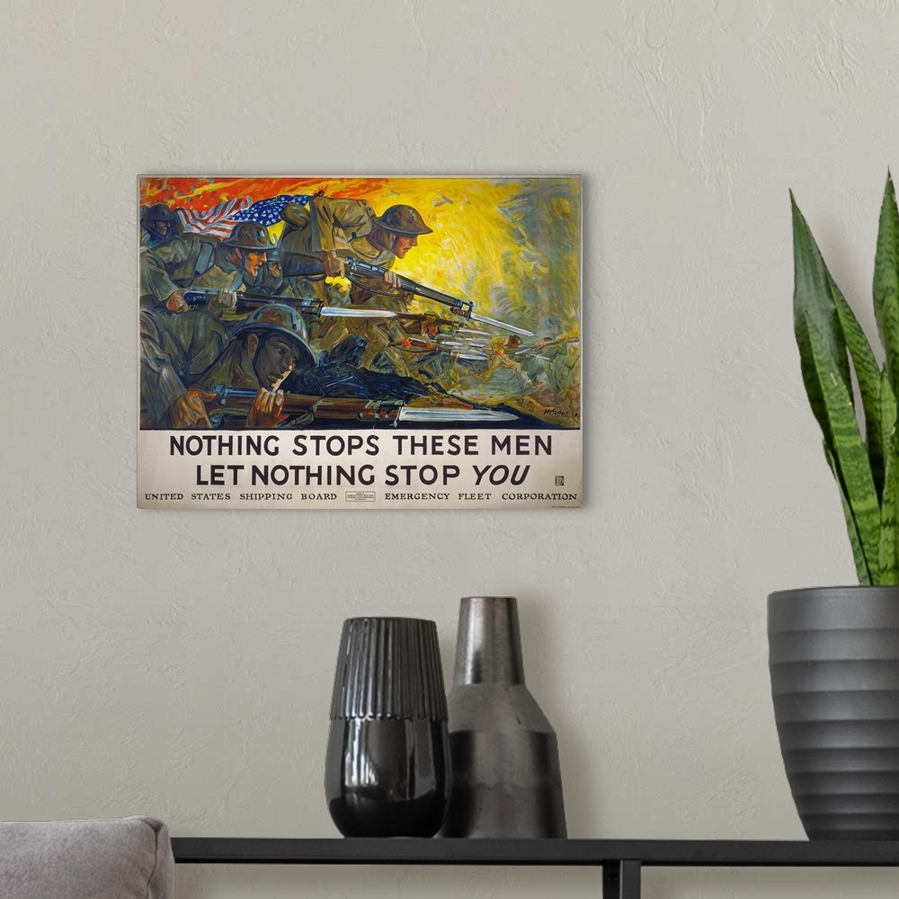 A modern room featuring Poster sponsored by the United States Shipping Board Emergency Fleet Corporation to support Ameri...