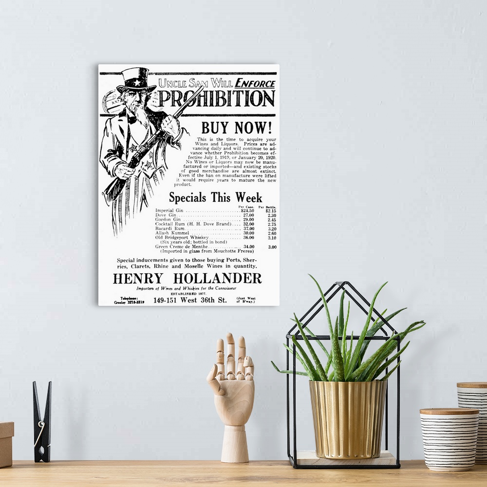 A bohemian room featuring 'Uncle Sam Will Enforce Prohibition. Buy Now!' Advertisement for a wine and liquor importer in th...