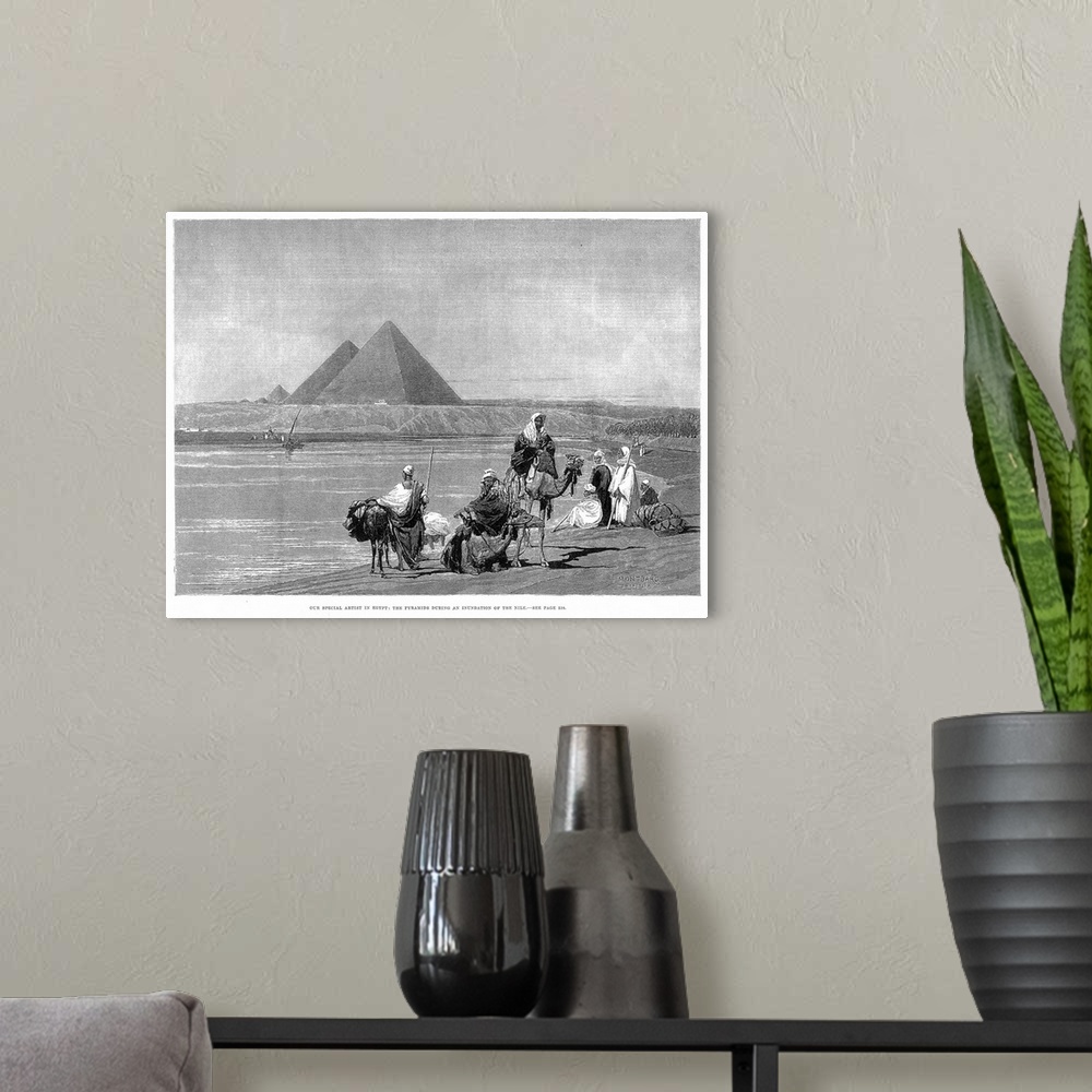 A modern room featuring Pyramids At Giza, 1882. the Pyramids At Giza, Egypt, During An Inundation Of the Nile River. Wood...