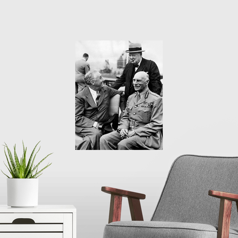 A modern room featuring Allied leaders of World War II at the Second Quebec Conference, September 1944. From left: Presid...