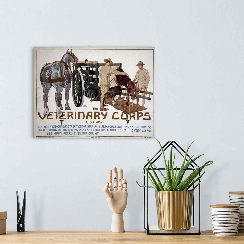 A bohemian room featuring Recruiting poster advertising the Veterinary Corps of the U.S. Army. Lithograph by Horst Schreck,...