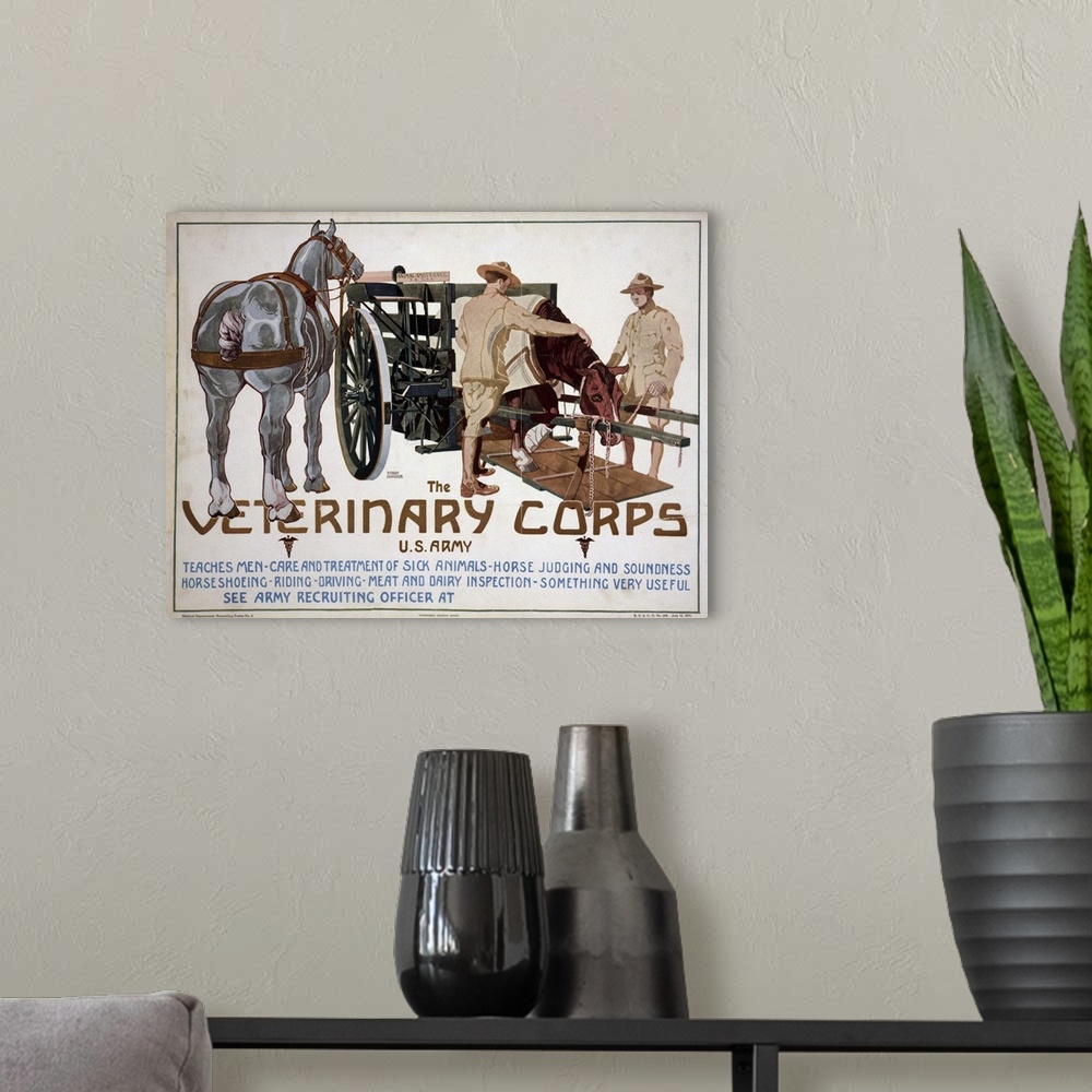 A modern room featuring Recruiting poster advertising the Veterinary Corps of the U.S. Army. Lithograph by Horst Schreck,...