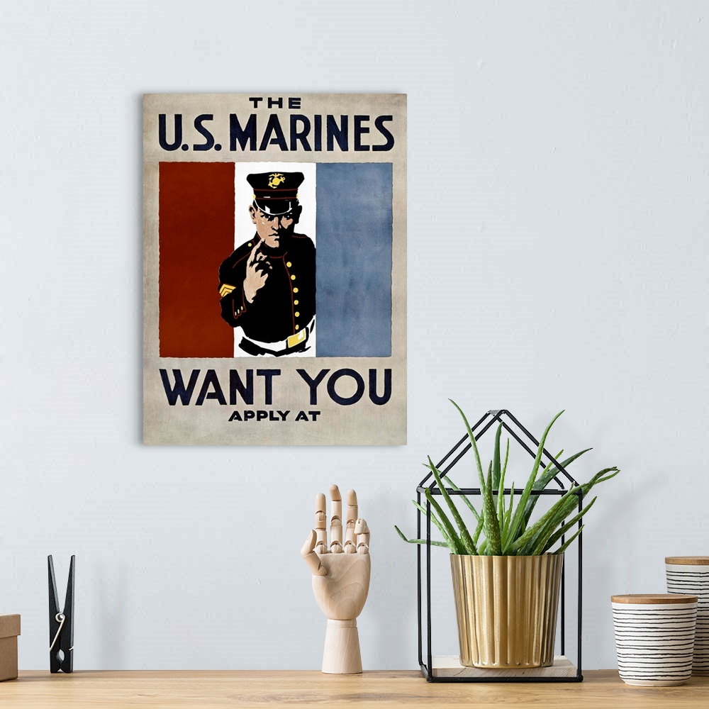 A bohemian room featuring Recruiting poster for the U.S. Marines Corps during World War II, c1944.