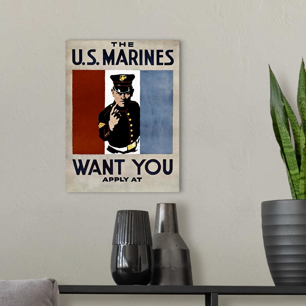 A modern room featuring Recruiting poster for the U.S. Marines Corps during World War II, c1944.