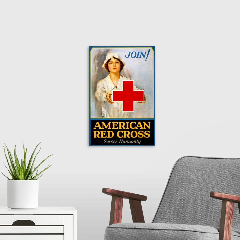 A modern room featuring Membership recruiting poster for the American Red Cross during World War I. Print by Wilbur Lawre...