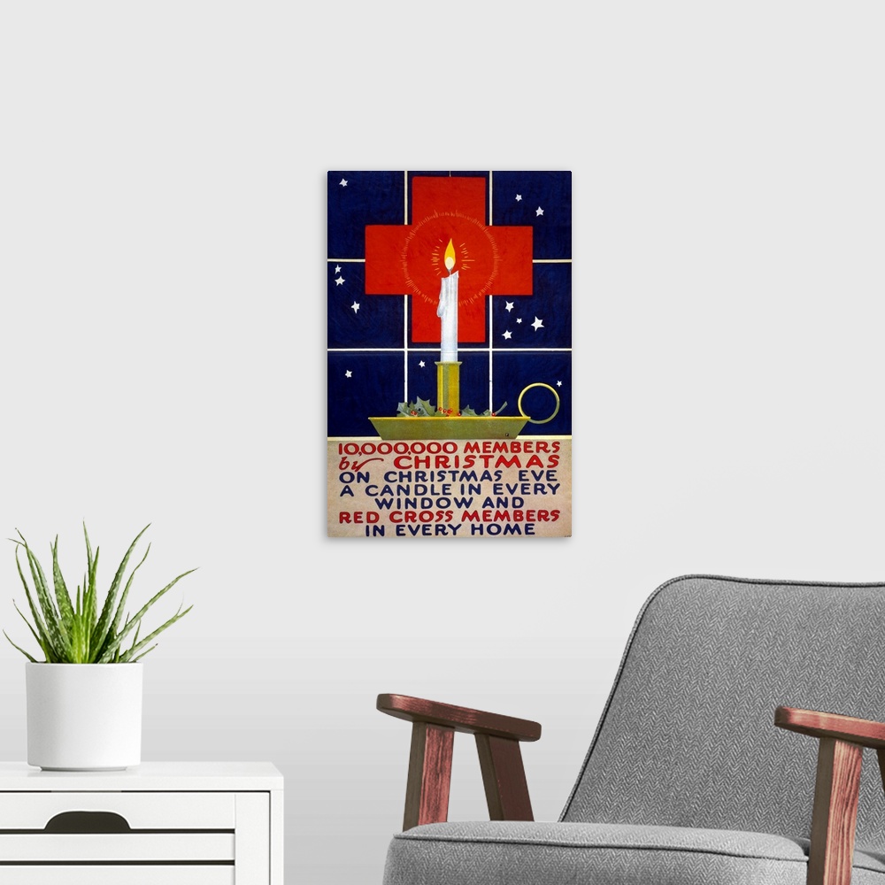 A modern room featuring Red Cross recruiting poster during Christmas time, 1917.