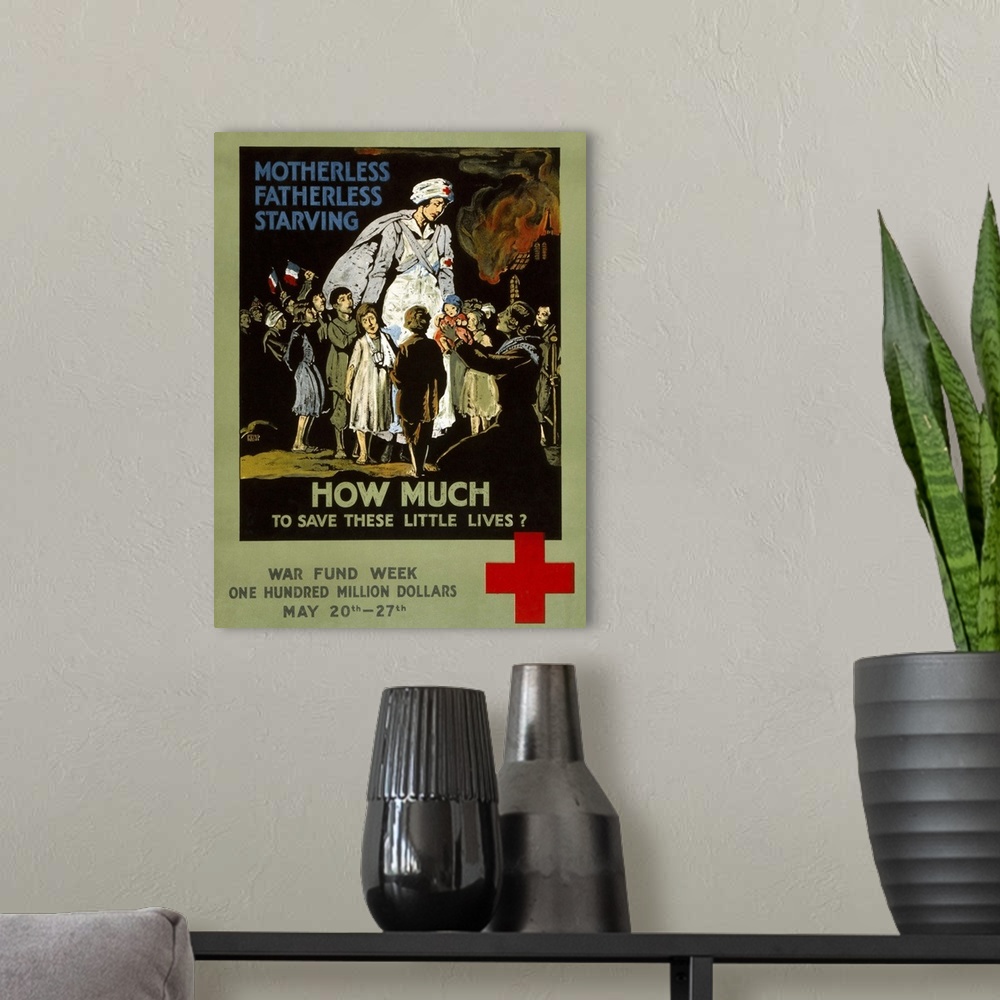 A modern room featuring American Red Cross fundraising poster with a Red Cross nurse among French children. Lithograph, 1...