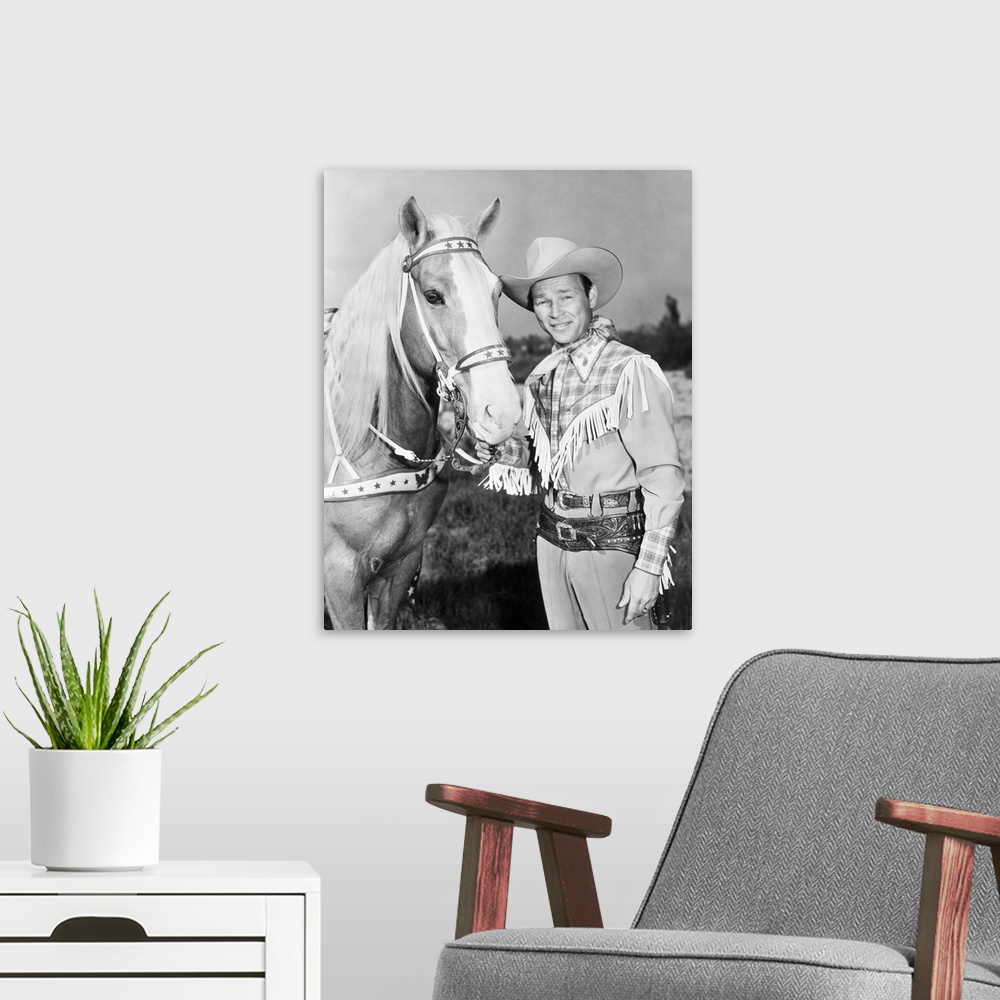A modern room featuring Leonard Slye. American singing cowboy actor. With his horse, Trigger.