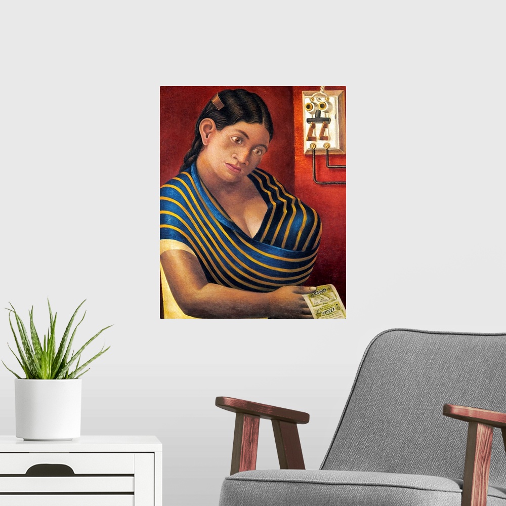 A modern room featuring A Mexican woman nurses her child as she sells lottery tickets. Oil on canvas by Antonio Ruiz, 1932.