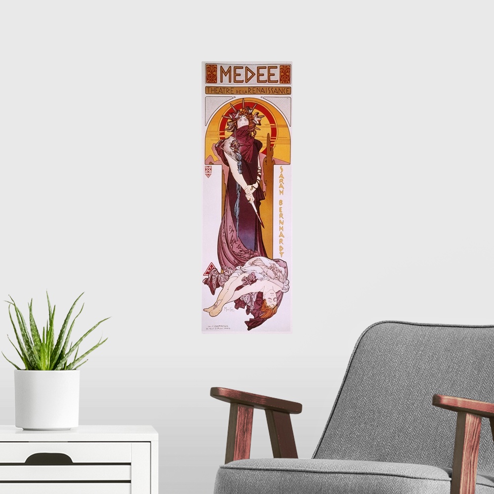 A modern room featuring Bernhardt on a lithograph poster by Alphonse Mucha, 1898, depicted in the title role of a product...