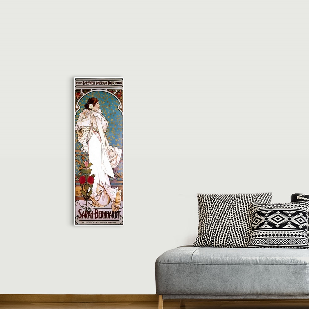 A bohemian room featuring Bernhardt in the title role from 'La Dame aux camelias' on a poster by Alphonse Mucha for her 190...